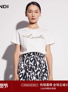 LANDI白色品牌字母手工钉珠圆领纯棉T恤女百搭短袖上衣夏新品