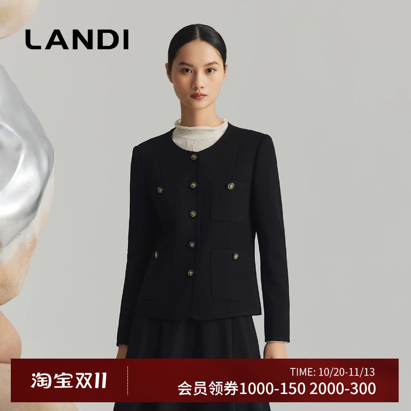 LANDI黑色圆领小香风短款外套