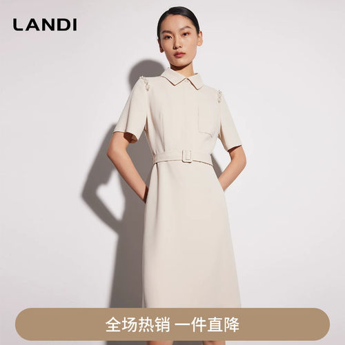 醋酸钉珠直角肩小翻领短袖连衣裙