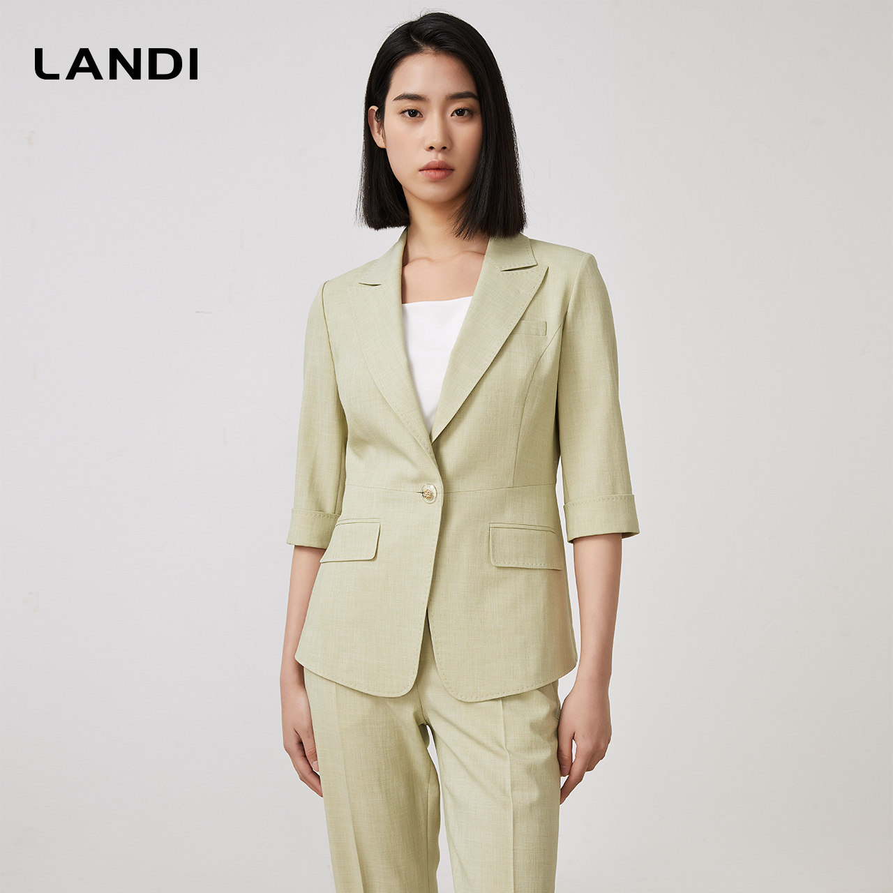 LANDI浅绿色薄款五分袖修身西装外套女戗驳领西服上衣夏新品