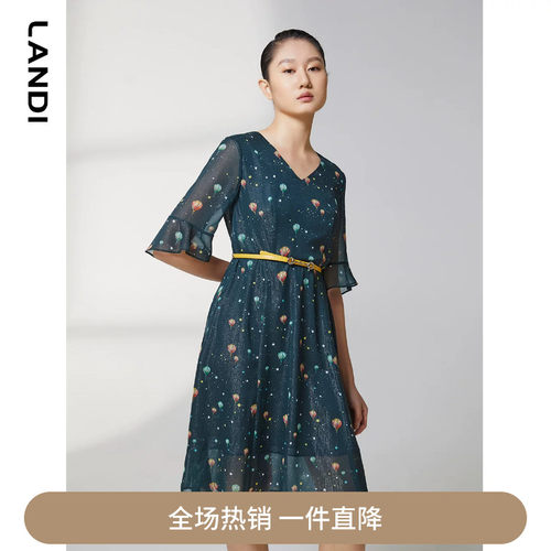 LANDI蓝地网纱光泽感V领喇叭短袖印花收腰连衣裙女舒适亲肤夏新品