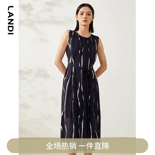 LANDI蓝地圆领设计感印花压褶收腰显瘦无袖中长款连衣裙女夏新品