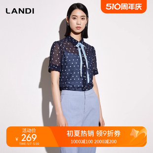 新款 LANDI系带网纱短袖 波点印花衬衫 女夏季 雪纺上衣