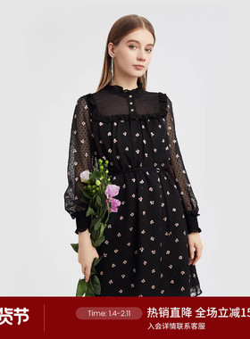 LANDI新款黑色荷叶领网纱长袖提花连衣裙女带内衬春夏裙子