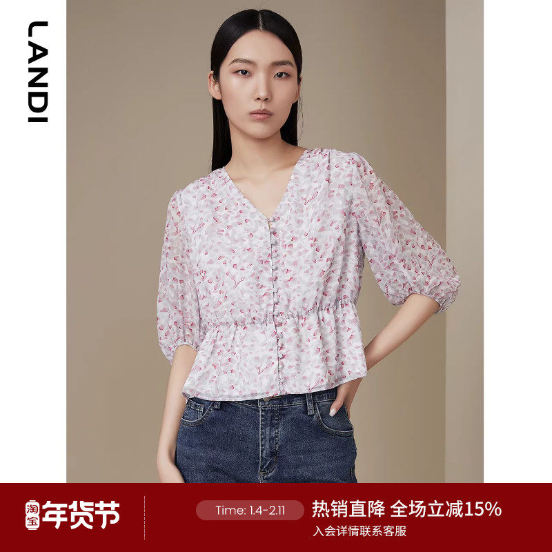 LANDIV领复古浪漫印花七分袖雪纺衫衬衫女设计感小衫秋新品