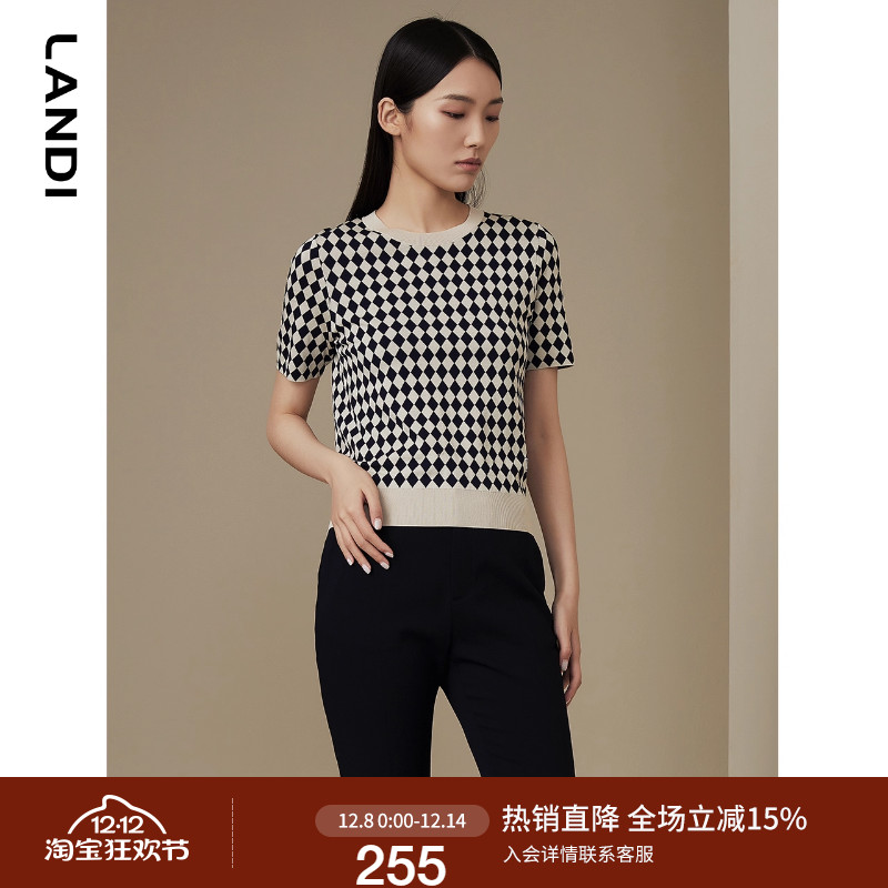 短袖套图针织衫圆领黑白菱形格