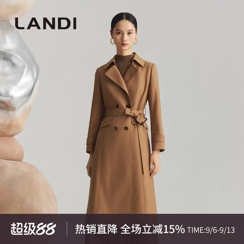 绵羊毛长款系带风衣外套