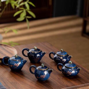 蓝釉描金梅花茶壶茶杯茶具家用泡茶壶茶杯茶具兔毫蓝小茶壶