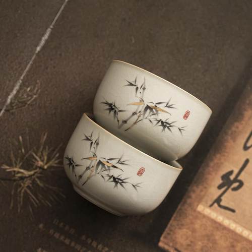 汝窑开片可养茶杯潮汕功夫茶具喝茶杯子家用主人杯品茗杯盏