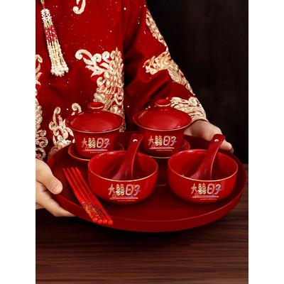 敬茶杯子喜碗结婚礼用品大全喜庆红色敬酒改口盖碗茶具对碗筷套装