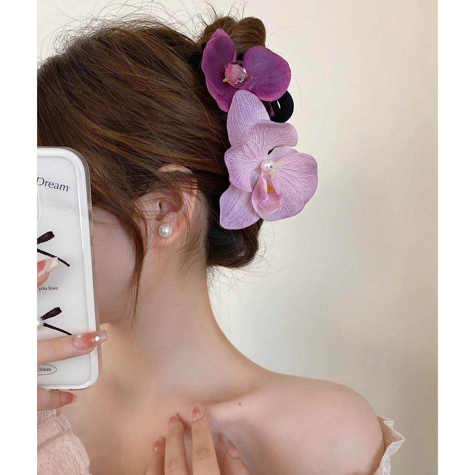 玫红色粉色晕染蝴蝶兰花朵发夹抓夹后脑勺侧边夹春夏新款清新百搭