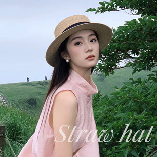 度假遮阳防晒巴拿马编织礼帽子 平沿帽子女夏夏天平顶草帽沙滩法式
