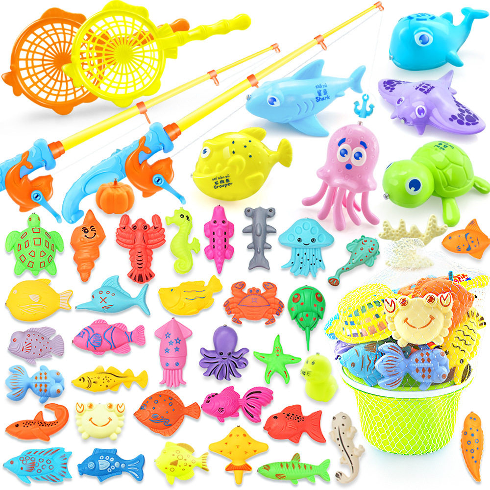儿童钓鱼玩具磁性鱼钩钓鱼竿宝宝戏水磁吸发光鱼网袋地摊玩具