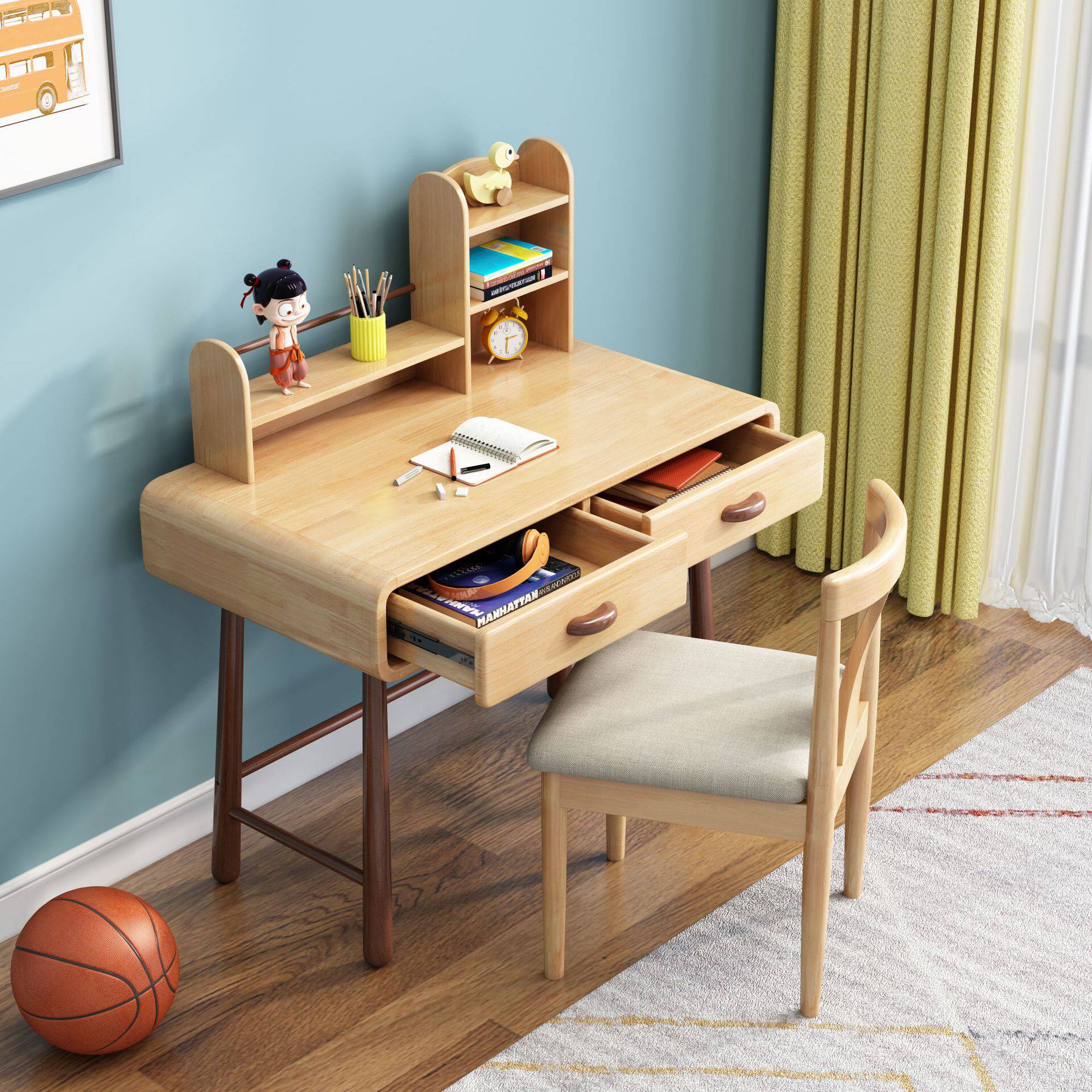 北欧实木书桌带书架简约儿童学习桌椅组合小学生写字桌家用电脑桌