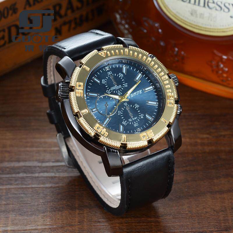 跨境大表盘时装手表男士 欧美watch皮带假三眼石英手表 男表