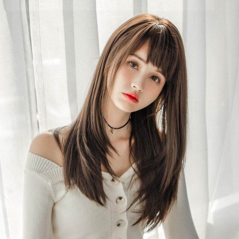 跨境新款斜刘海假发女中长发圆脸网红修脸长直发全头套式现货