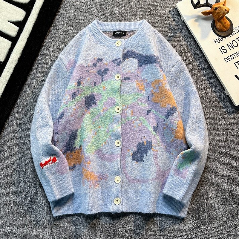 CANOTWIIT_陈伟霆秋季新款休闲情侣蜡笔风提花针织衫毛衣开衫外套