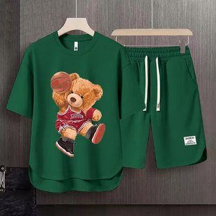 华夫格男新款 男跑步五分裤 小熊印花短袖 休闲运动服套装 潮 短裤 夏季