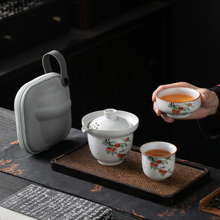 汝窑快客杯一壶二杯手抓泡茶壶茶杯简易露营旅行茶具小套装 便携式