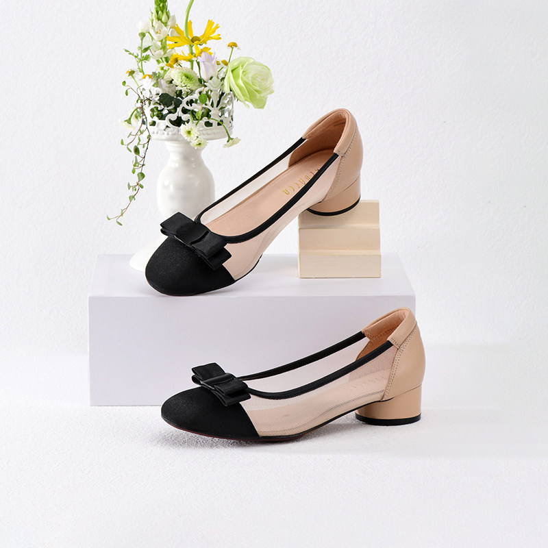 瑞贝卡透气网纱拼接女鞋小香风低跟单鞋浅口2022夏季新款22zy3501