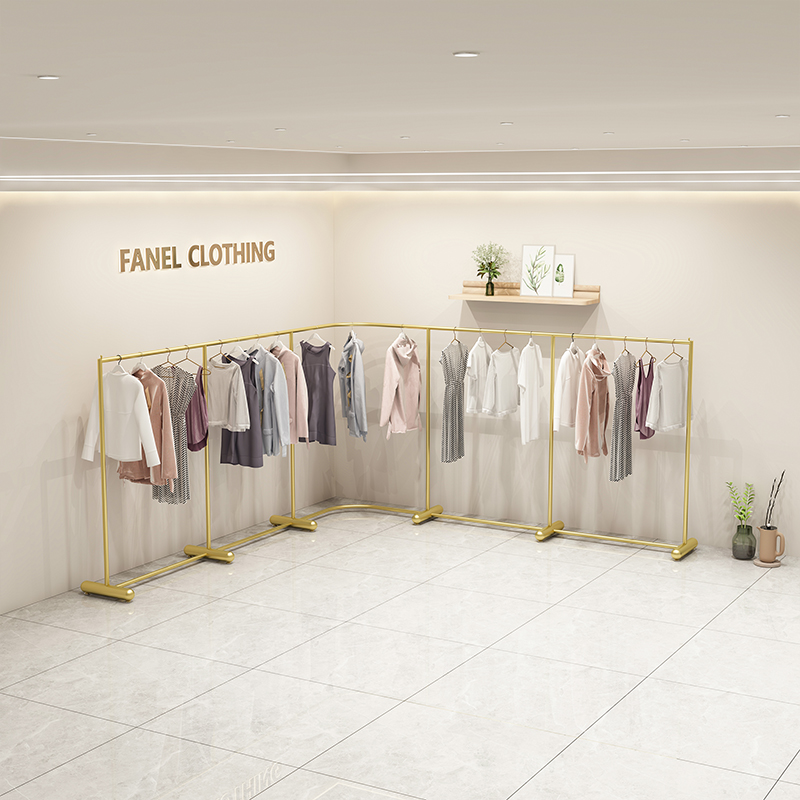 金色女装店落地架L型靠墙转角高档童装店衣服架弧形落地架可定制