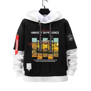 梵高星空星月夜向日葵麦田获名画拼接连帽卫衣男女儿童装学生外套