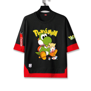 超级玛丽马里奥耀西联名宝可梦短袖t恤衫男女儿童装学生5五分中袖