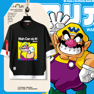 瓦里奥瓦力欧瓦路易吉超级马里奥假两件短袖t恤衫男女童装5五分袖