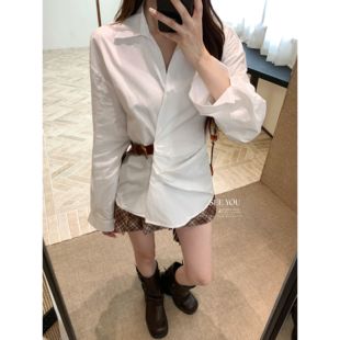 时髦设计感穿搭韩系休闲设计感小女人皮带扣收腰显瘦收腰衬衫