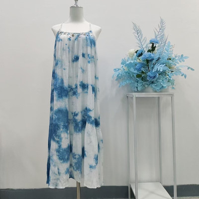 民族风连衣裙纯棉白蓝混搭文艺