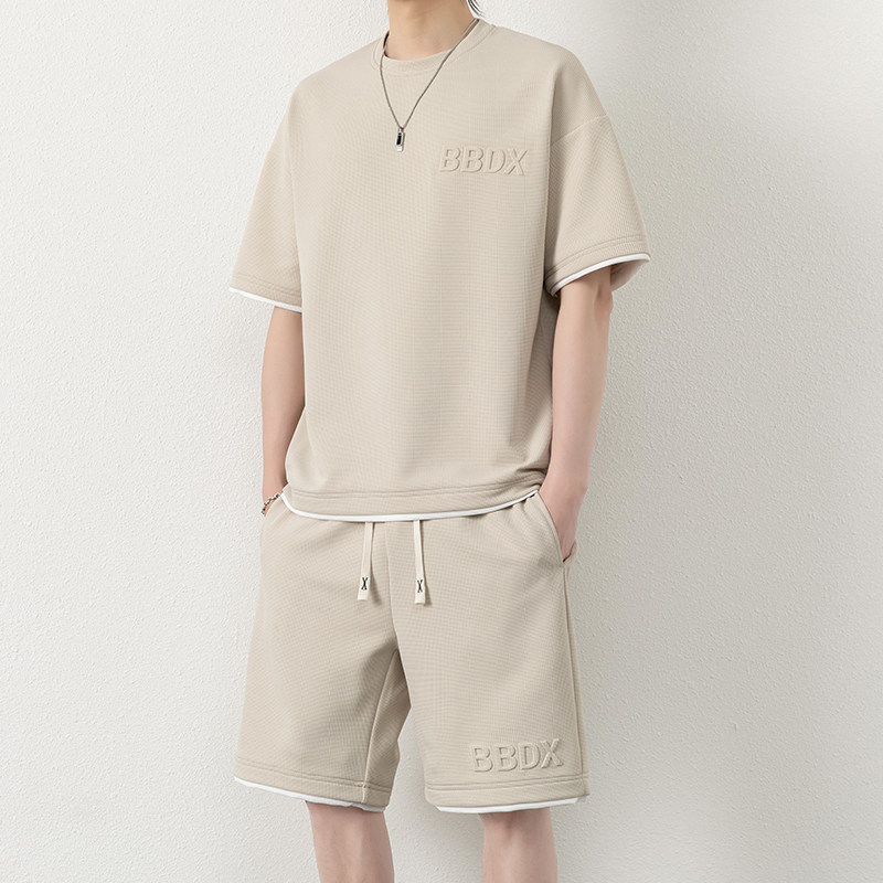 夏季M-8XL大码胖男生假两件宽松休闲运动短袖套装TZ01-P50控69,男装休闲套装,星座209