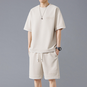 夏季M-8XL大码胖男生假两件宽松休闲运动短袖套装 TZ01-P50 控69,男装休闲套装,星座209