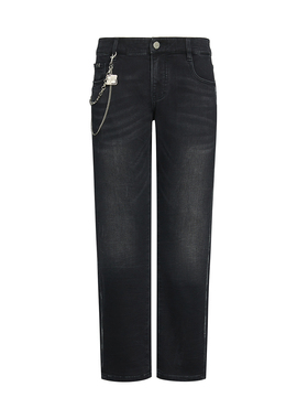 PP轻奢潮牌普莱克翡丽男装25秋冬新款时尚链条装饰黑色高端牛仔裤