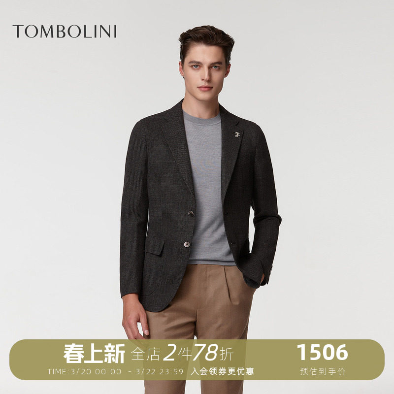 TOMBOLINI/东博利尼深灰色休闲西服男士秋季格子羊毛西装外套修身