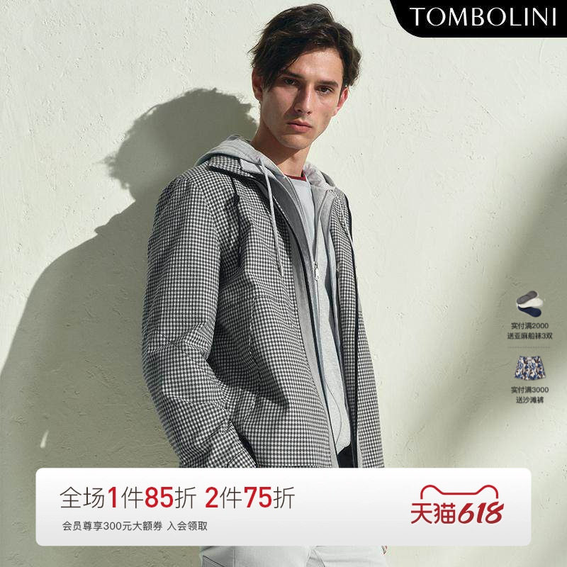 TOMBOLINI/东博利尼春季新款拼麂皮夹克男士复古时尚休闲格子外套
