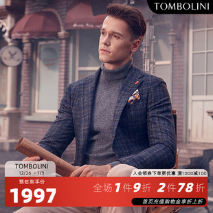 TOMBOLINI东博利尼秋冬深蓝咖色休闲西服男复古羊毛格子西装 外套