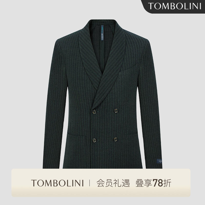 TOMBOLINI休闲西装外套男 GUABELLO面料深绿色条纹青果领宴会西服