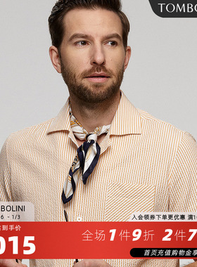 TOMBOLINI凉爽泡泡纱夏季短袖衬衫男 古巴领橙色条纹休闲衬衫