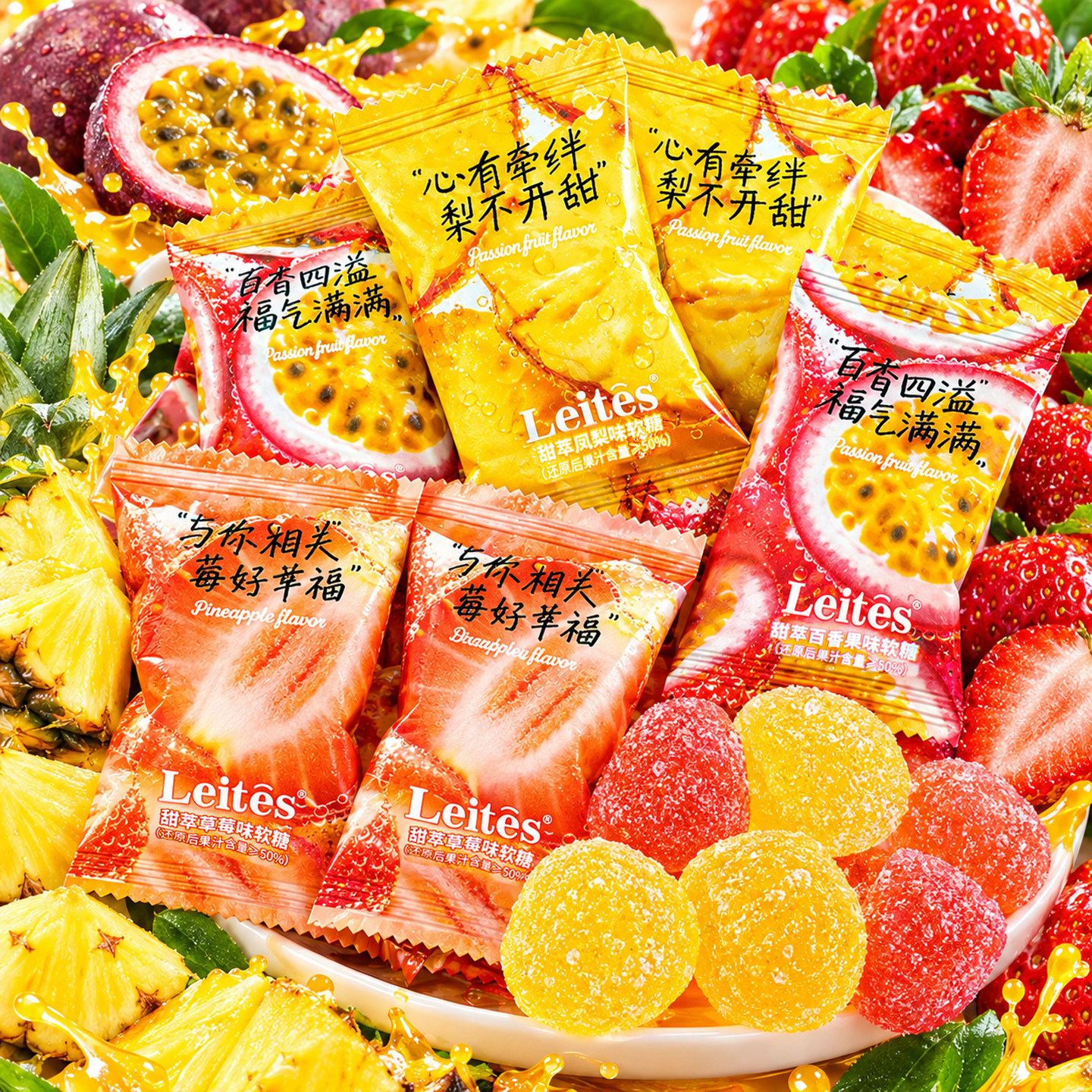 夏目友人如意人甜萃凤梨百香果草莓味果汁软糖散装零食结婚喜糖果