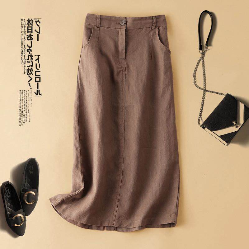 韩版2024夏棉麻半身裙女宽松复古高腰休闲直筒开叉亚麻a字长裙潮