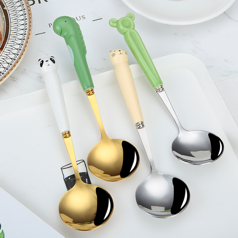 网红陶瓷柄不锈钢勺子动物卡通