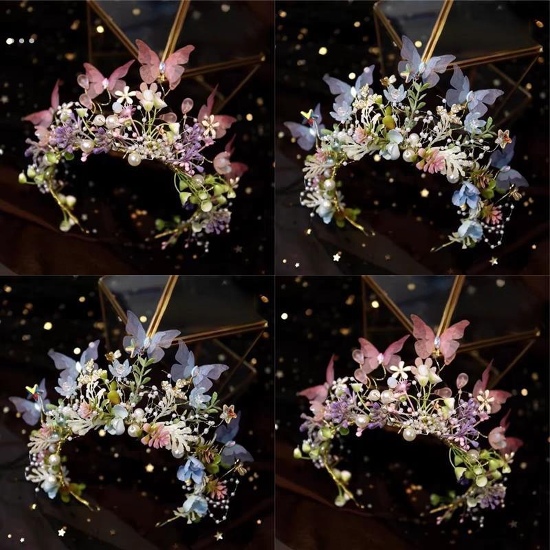 蝴蝶精灵仙子头饰少儿蓝色花环发饰女童演出礼服皇冠王冠发箍