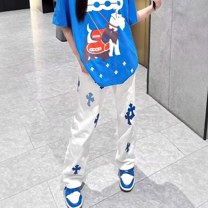 美式高街夏日潮牌十字架贴皮水洗白牛仔裤男女款宽松百搭休闲长裤