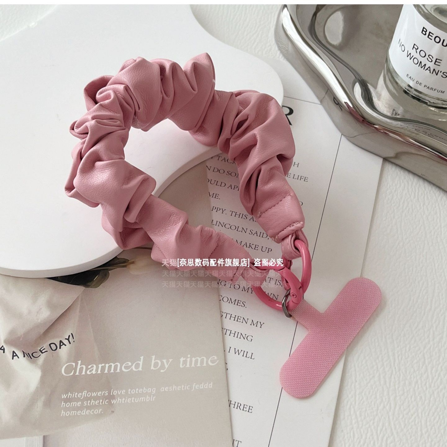 高档皮质皱褶手机挂绳发圈挂饰带弹力松紧绳挂手腕韩系结实耐用手绳短款防盗挂件包包夹片小羊皮绳女钥匙链壳