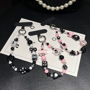 高级黑粉色手机链超好看高颜值挂链手工星星串珠可爱少女链条卡通高级感手腕式手链绳包包钥匙相机挂饰垫片壳