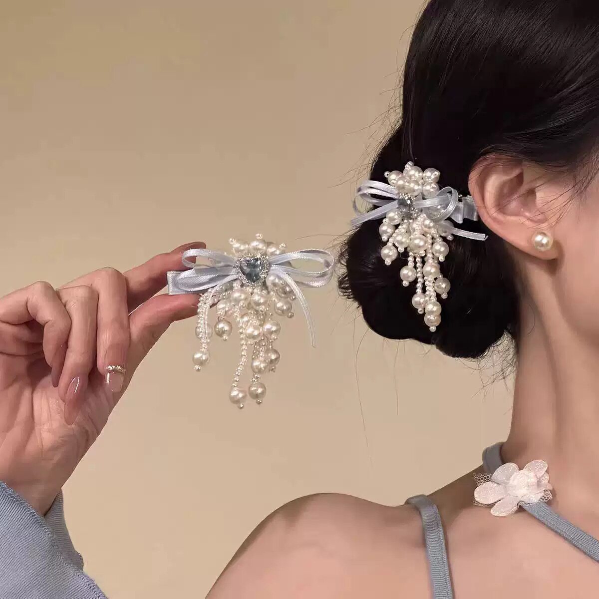 甜美珍珠蝴蝶结发夹超仙流苏边夹新娘结婚头饰盘发发饰短发仙女风