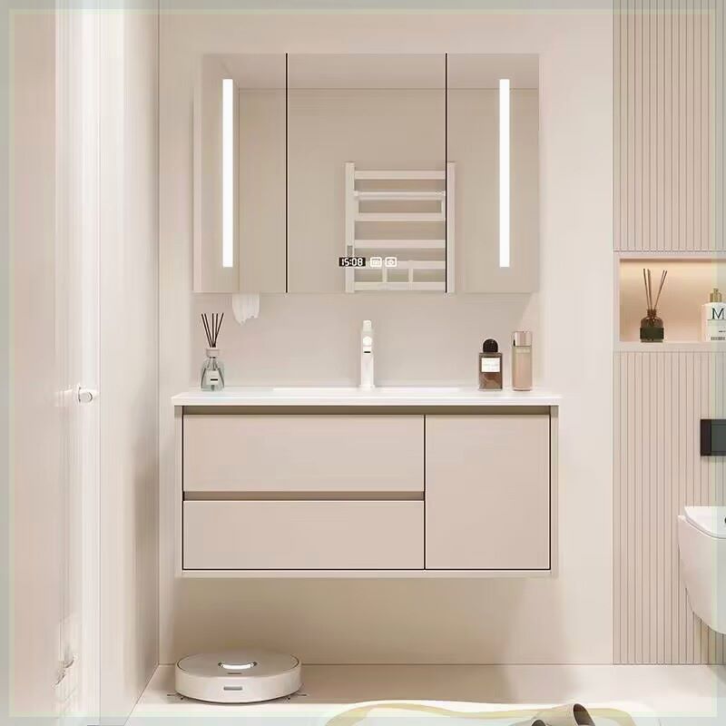 奶油风浴室柜73/83/93CM陶瓷一体洗手池洗脸盆103/113洗漱台轻奢