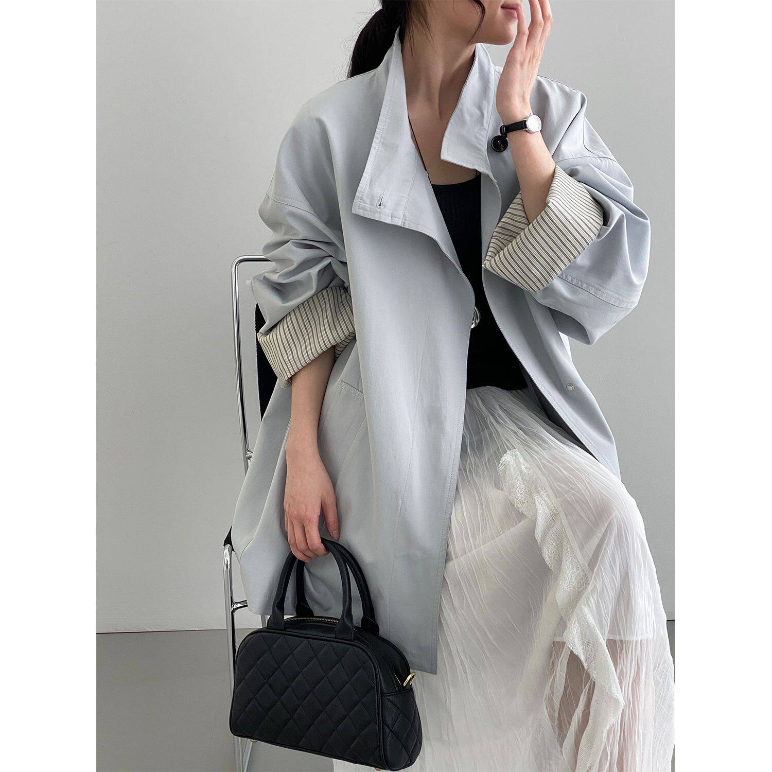 赴裳 2026新款 王牌风衣~韩系廓版慵懒风立领风衣女条纹撞色小个