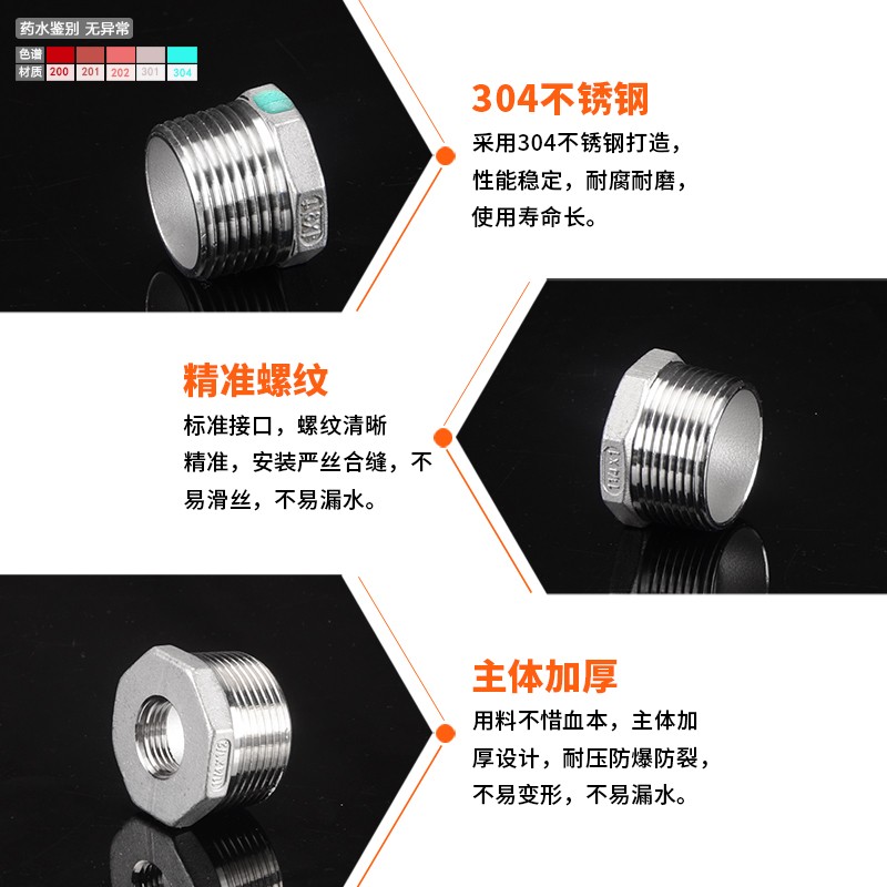 304不锈钢补芯1.5寸转4分1.2寸内外丝直接6分变1分2分3分变径接头