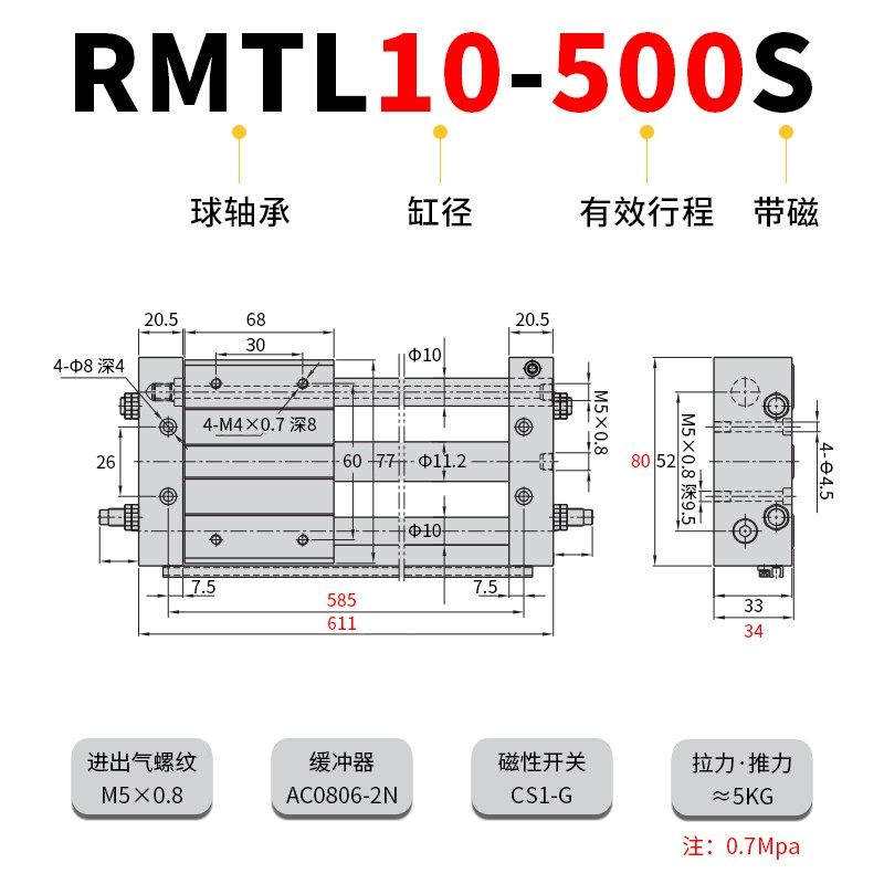 无杆气缸RMTL10 16 20 25 32 40-100/200/300/400/500长行程气动S